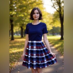 OXIULY FASHION WOMENS M DRESS PLEATED SCHOOL GIRL RED WHITE BLUE KNIT NWT